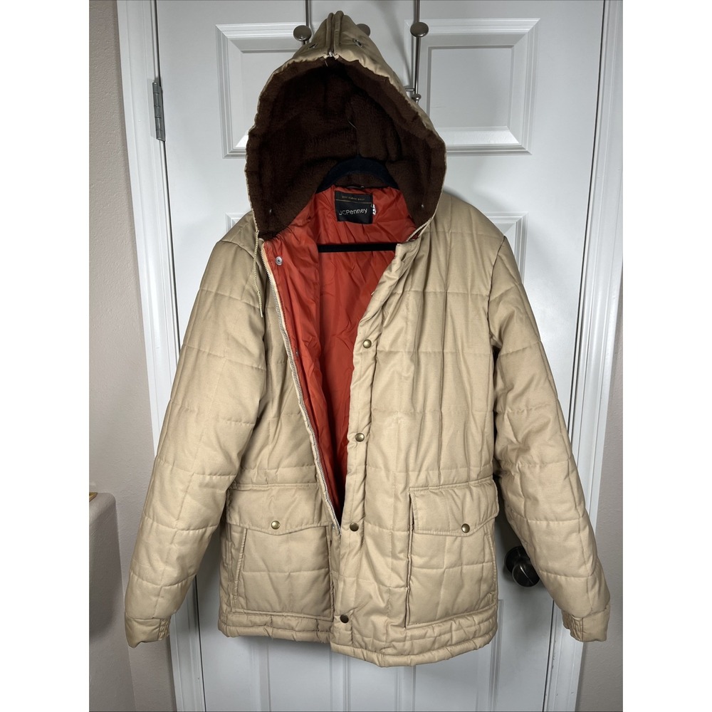 Vintage JCPenny Parka Coat Khaki Color Puffer Design 70s Era Hood Men's LL - Picture 11 of 15